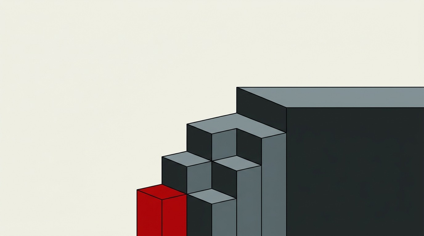 A descending staircase of cream blocks with one red block at the bottom step, empty space above