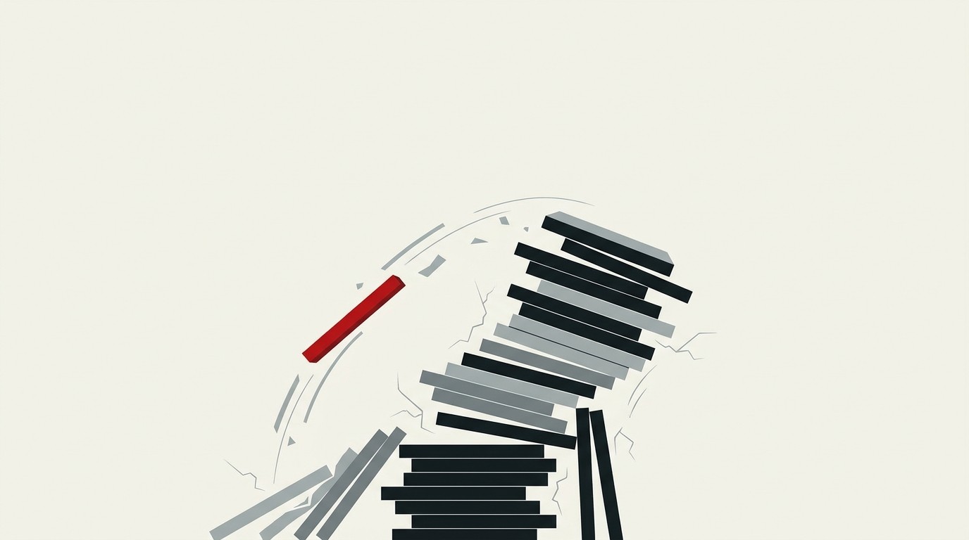 A tall stack of thin red blocks toppling sideways on a cream background, one block falling away from the rest