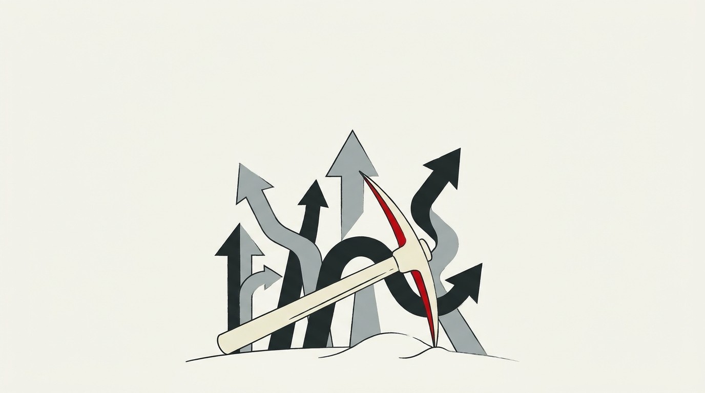 A single red mining pickaxe lying flat and still while cream-colored arrows rise around it, empty space above