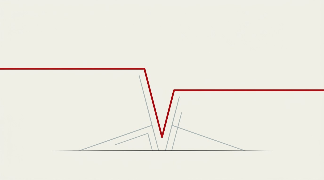 A single red arrow dips sharply then curves back upward against a cream background, with empty space above
