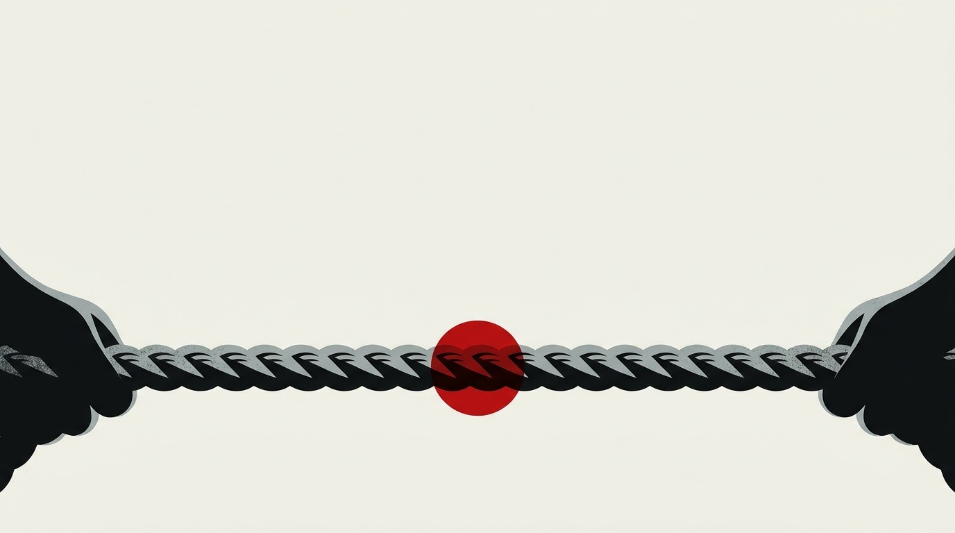 A flat calm sea under an empty sky, one small red buoy bobbing near the horizon