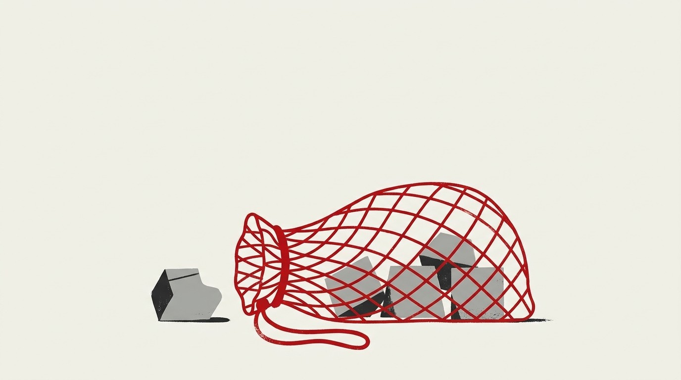 A cream field with a red net closing over a small cluster of coins while a larger shape slips through the mesh above
