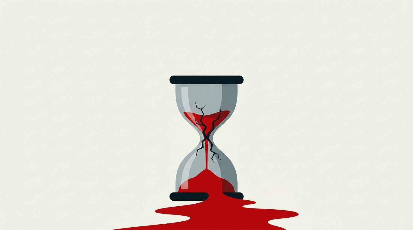 A cracked hourglass on a cream background with sand spilling out in red