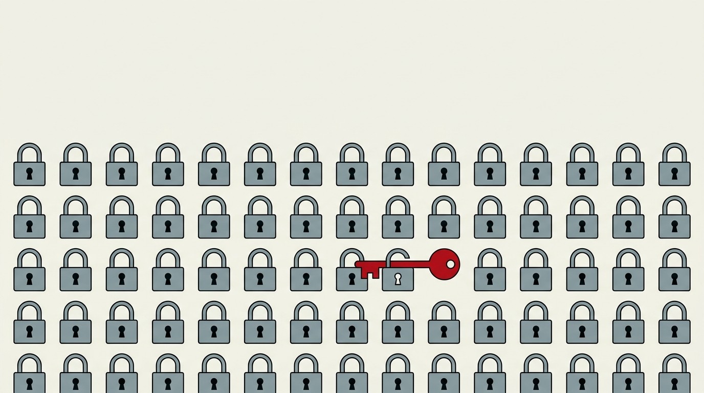 A single red key fitting into one of many gray locks arranged in a grid on a cream background