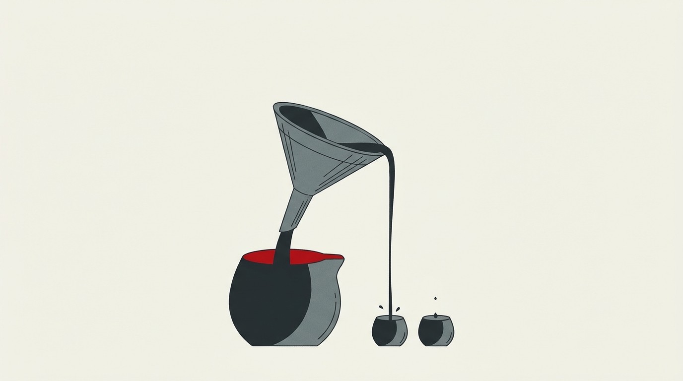 A single large arrow flowing into one dominant vessel while smaller vessels beside it stay nearly empty, cream background