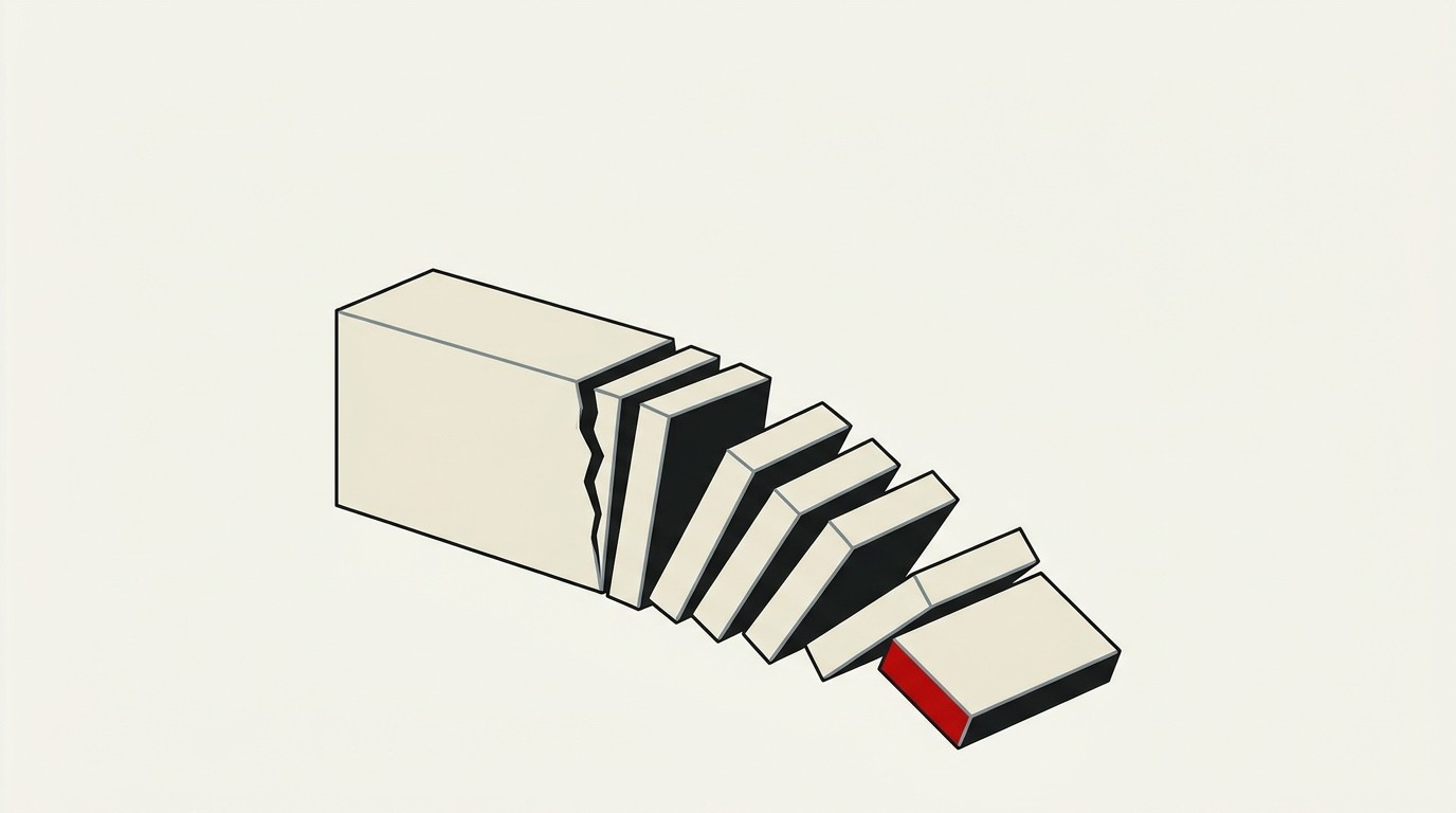 A tall block of stacked cream cubes shrinks into smaller uniform blocks, one block marked with a single red edge