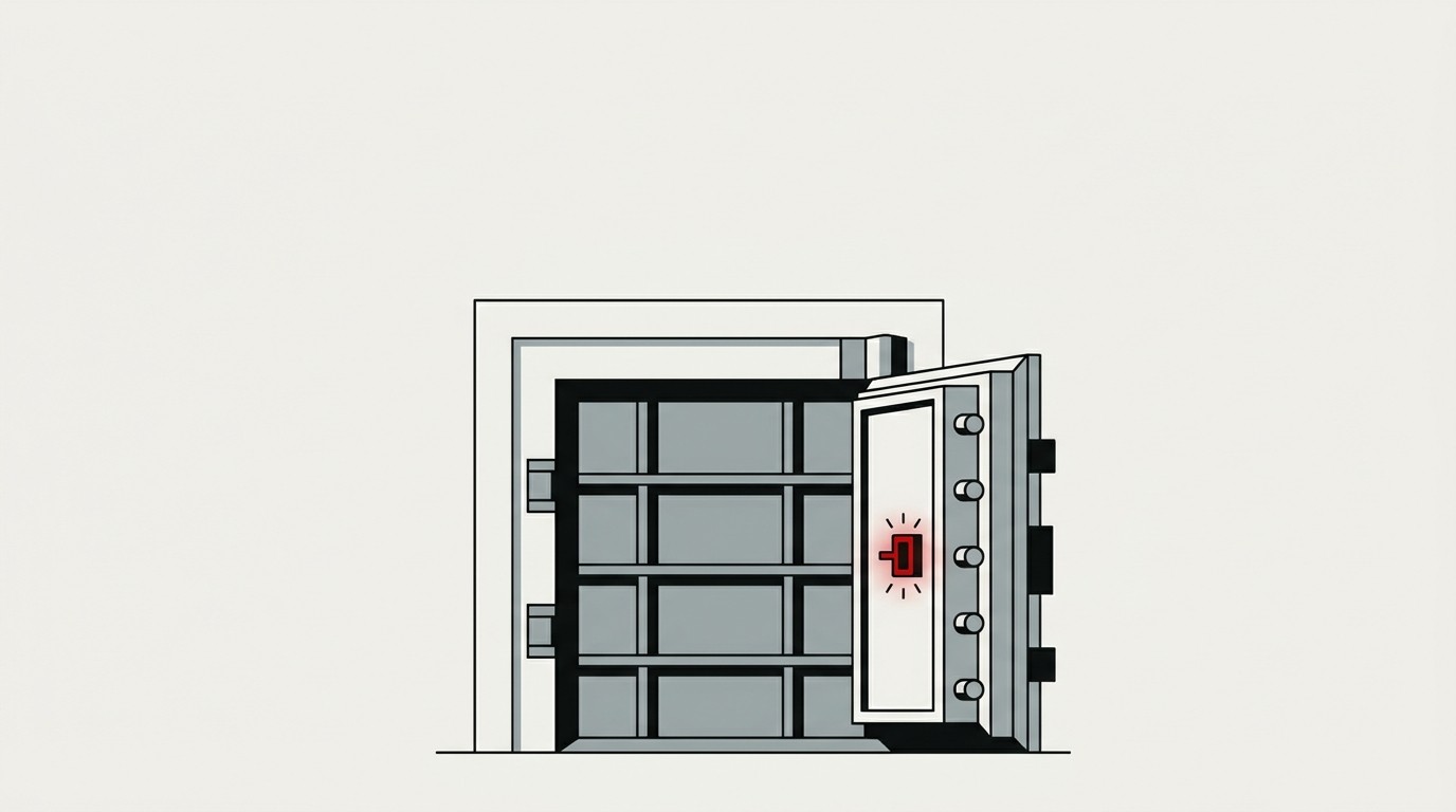 A single vault door on a cream background, open just enough to show empty shelves inside, no cash or coins visible