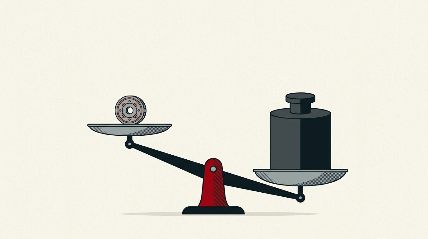 A small local coin tipping sideways on a scale as a larger dollar-marked weight presses down, cream background, one red accent
