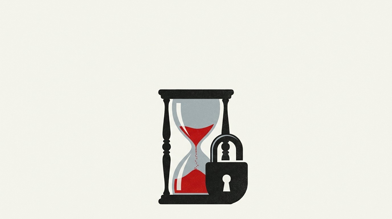 A single hourglass shape rendered as a padlock, cream background, red sand falling