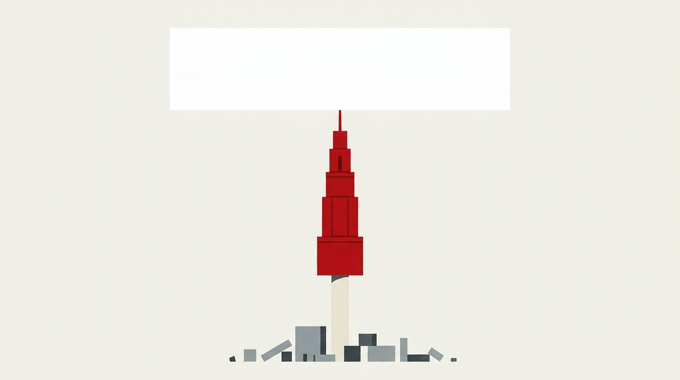 A single tall red block balanced on a narrow cream pedestal beside a scattering of small grey blocks