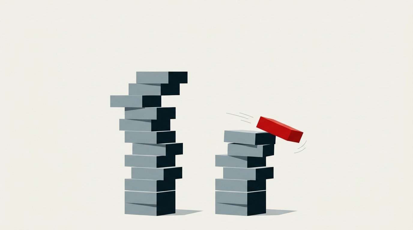 A tall cream column of stacked blocks rising steadily beside a shorter red block tipping over