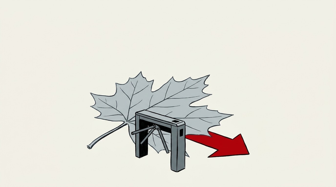 A one-way turnstile stamped with a maple leaf, cream background, single red arrow pointing out