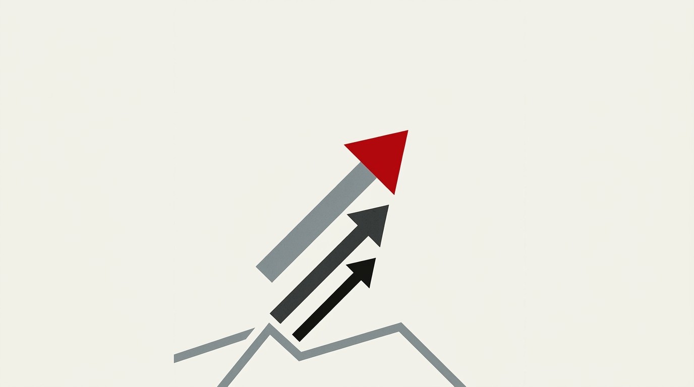 A triangular arrow pointing sharply upward, tripled in weight, on a cream background with one red accent line at its base
