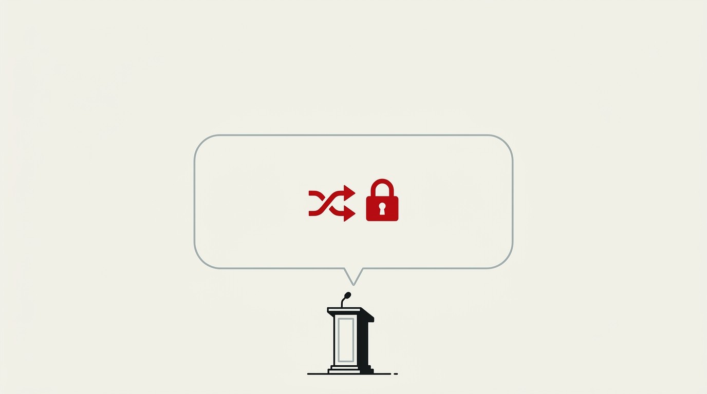 A cream-toned illustration of a lone red microphone stand behind a podium, with an oversized empty speech bubble looming above it in negative space
