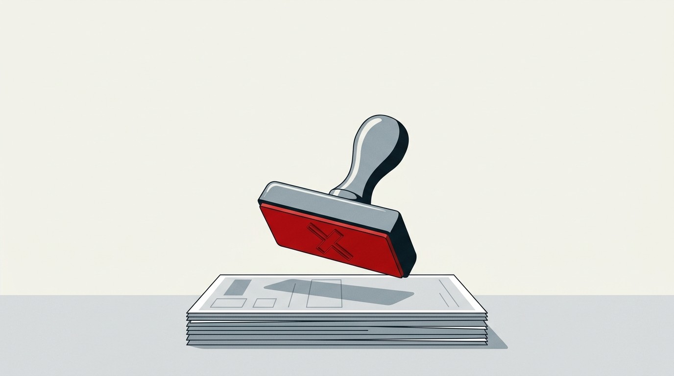 A single red rubber stamp hovering over a stack of identical blank cream forms, negative space above