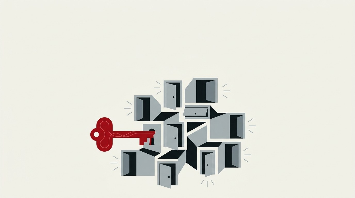 A single red key fitting into a lock shaped like a cluster of small doors on a cream background