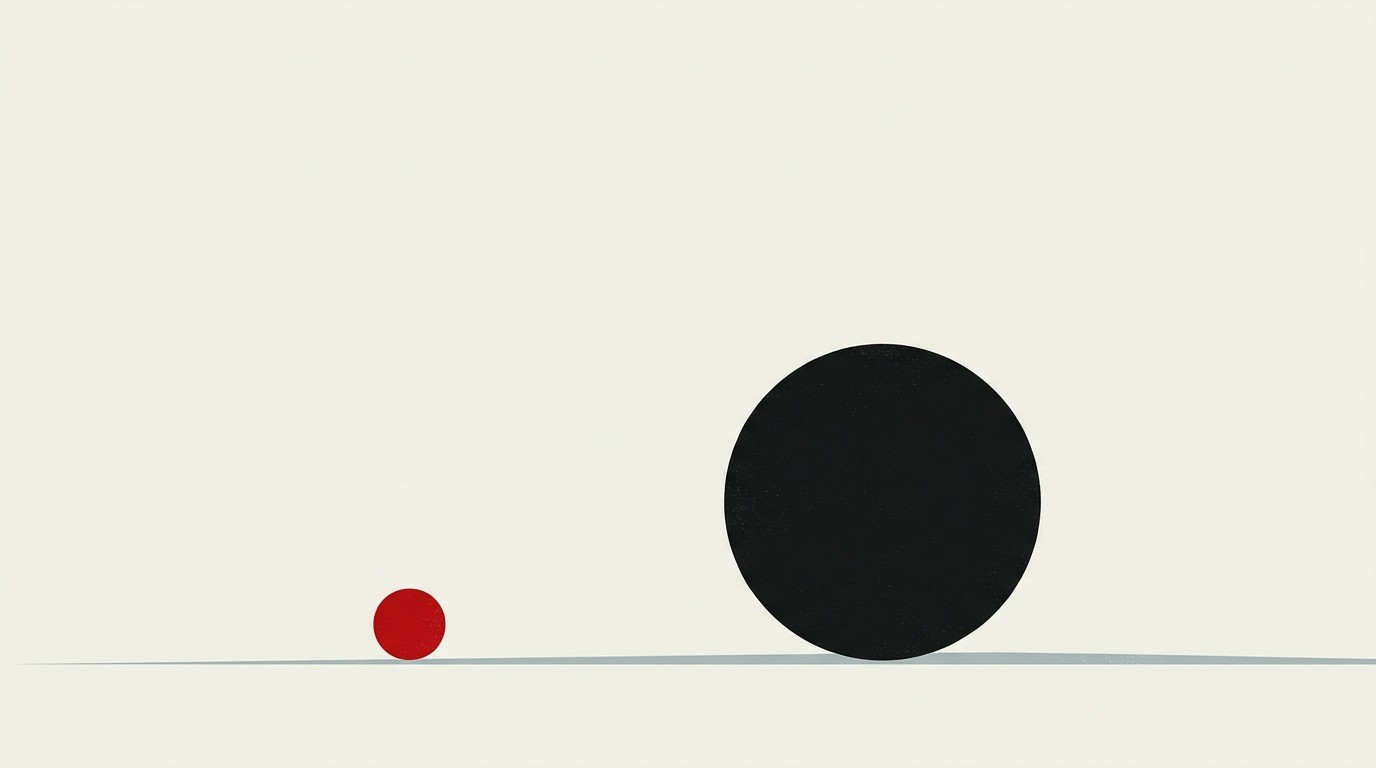 A small cream-colored circle chasing a much larger red circle across empty negative space, both set low on the page