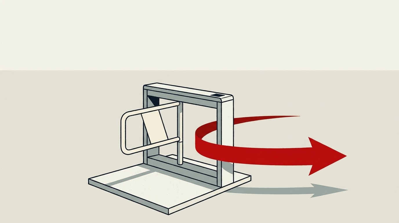 A single red arrow rising past a stalled cream-colored gate, negative space above