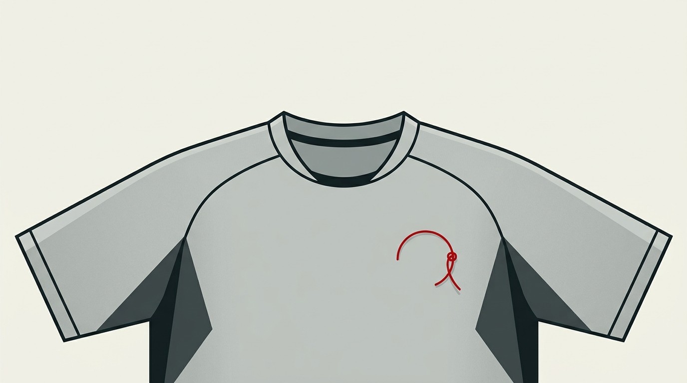 A cream-colored football jersey on a hanger with a single red stripe where a sponsor logo would sit, negative space above
