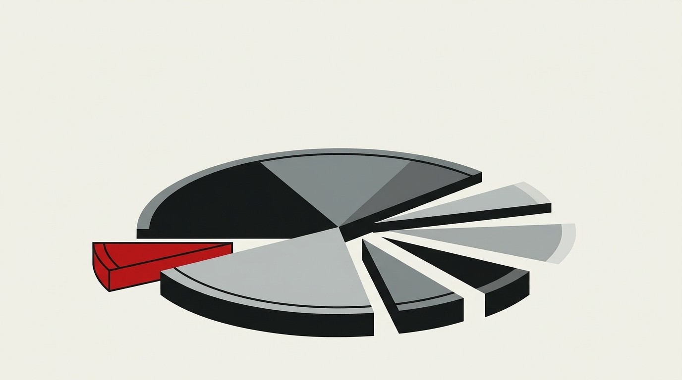 A cream background shows a coin being split into uneven slices, one small red sliver set apart from the rest