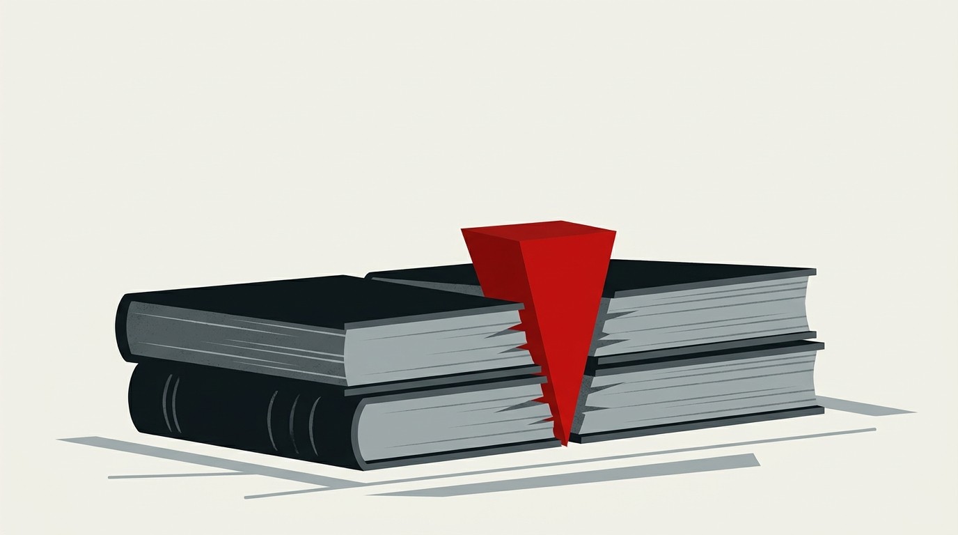A cream field with a single red wedge splitting two stacked ledger blocks apart, negative space above