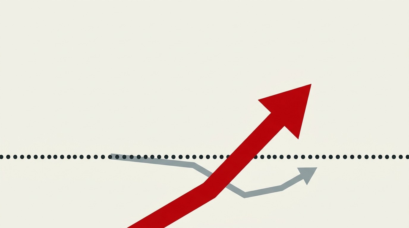 A cream field with a single red arrow splitting into two paths, one narrow and one widening upward