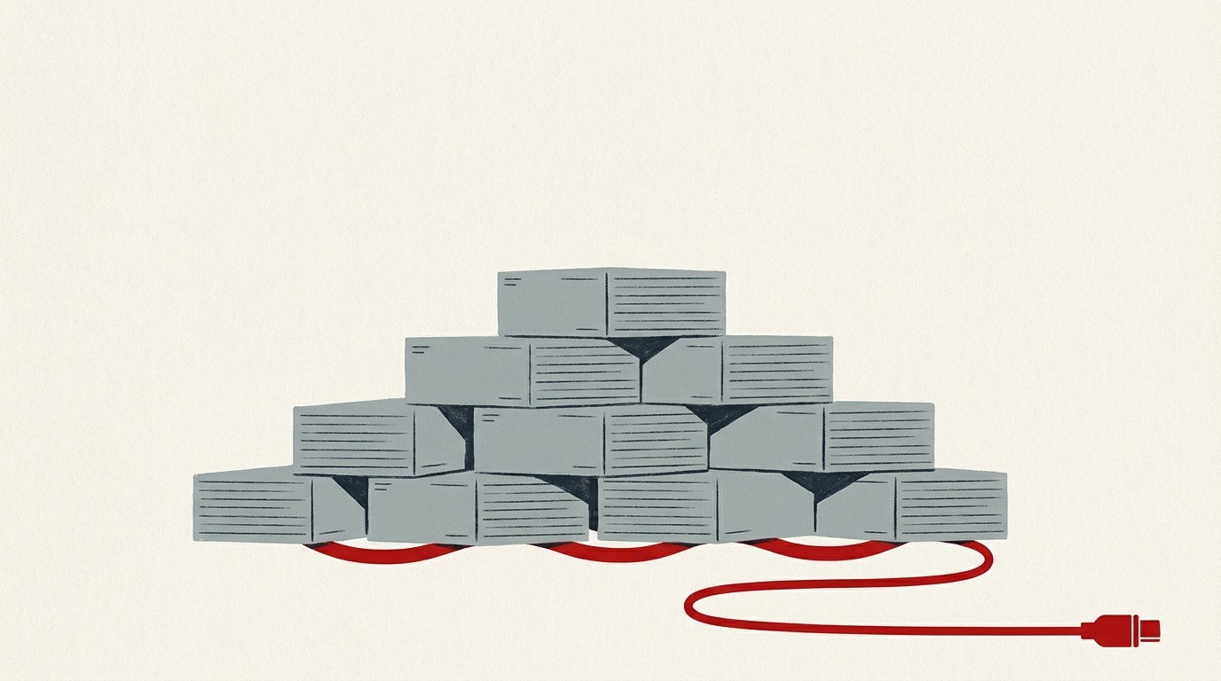A red pipe threading invisibly through a grid of cream-colored office ledger blocks, no labels visible