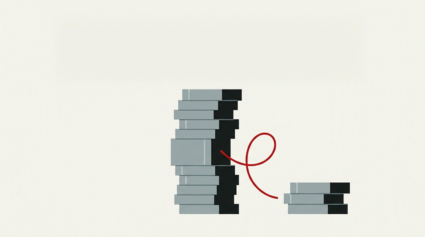 A cream background with a single red thread pulling away from a stack of neutral blocks, leaving a gap.