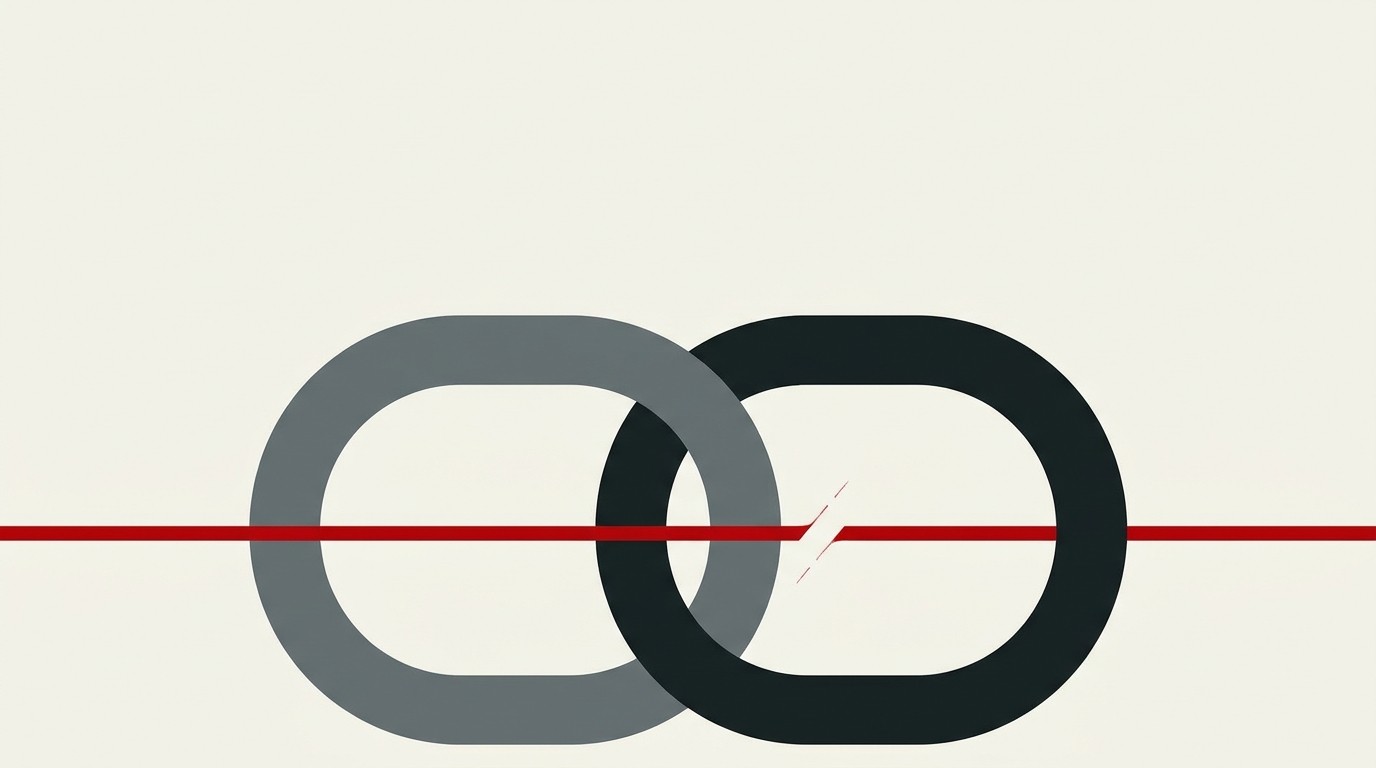 A cream background with a single red thread being cut between two interlocking circular rings, negative space above
