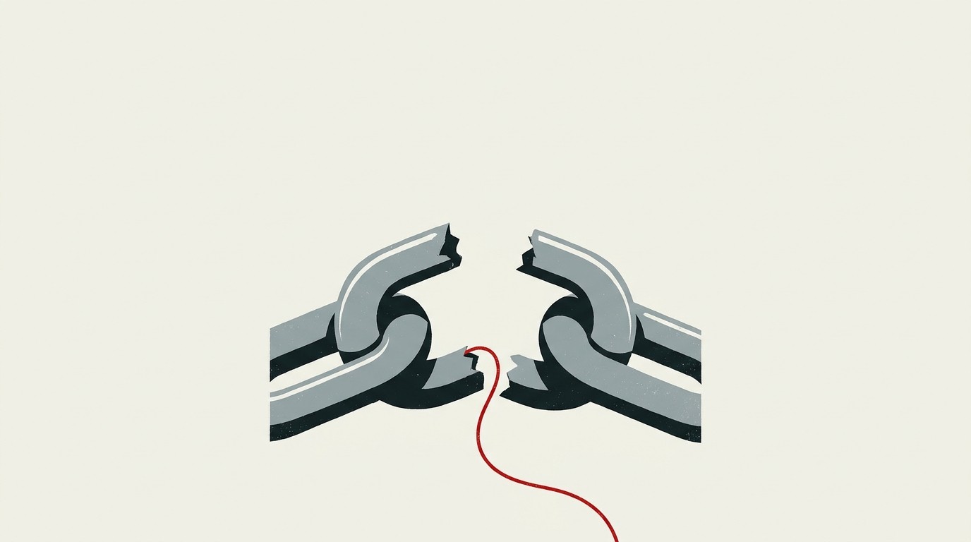 Two interlocked chain links, one cracked open, on a cream background with a single red thread pulling loose from the break