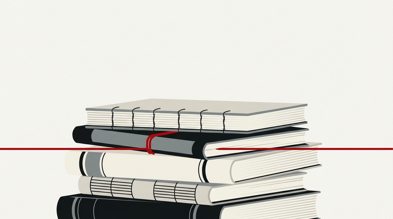 A single red thread pulled through a stack of cream-colored ledger pages, tightening one knot while loosening another