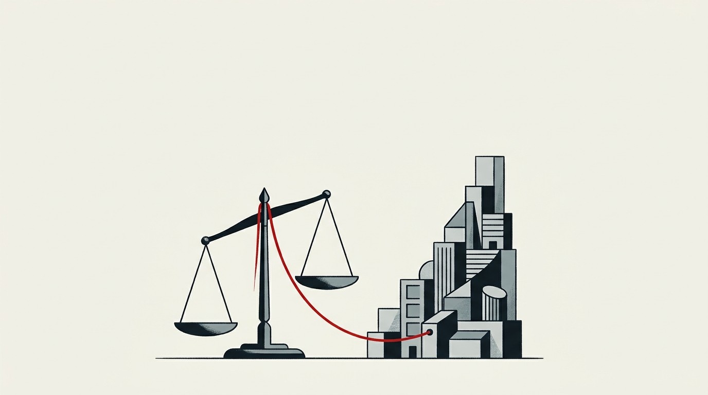 A single red thread connects a scale of justice to a rising geometric tower, cream background, empty sky above