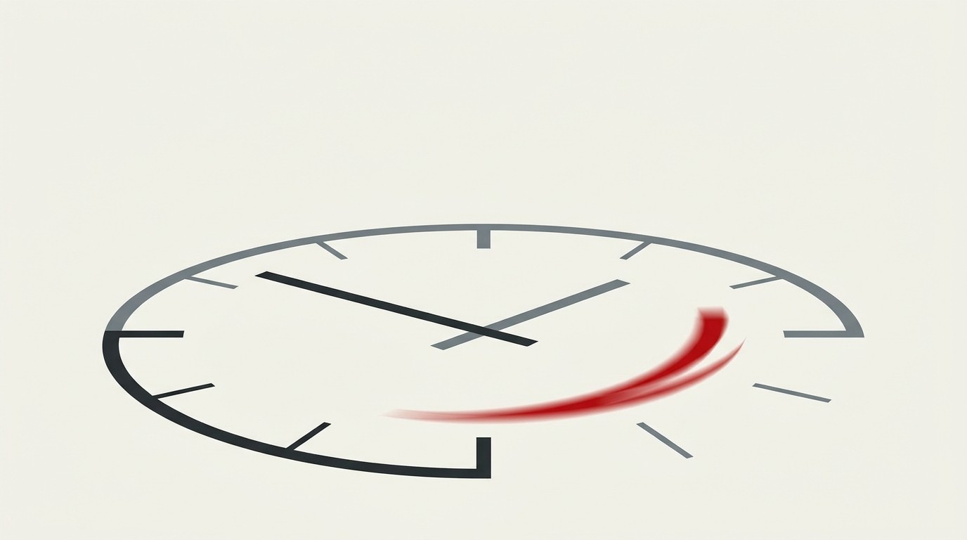 A classical stock exchange clock face redrawn with no hands, glowing red on a cream background, suggesting time without close