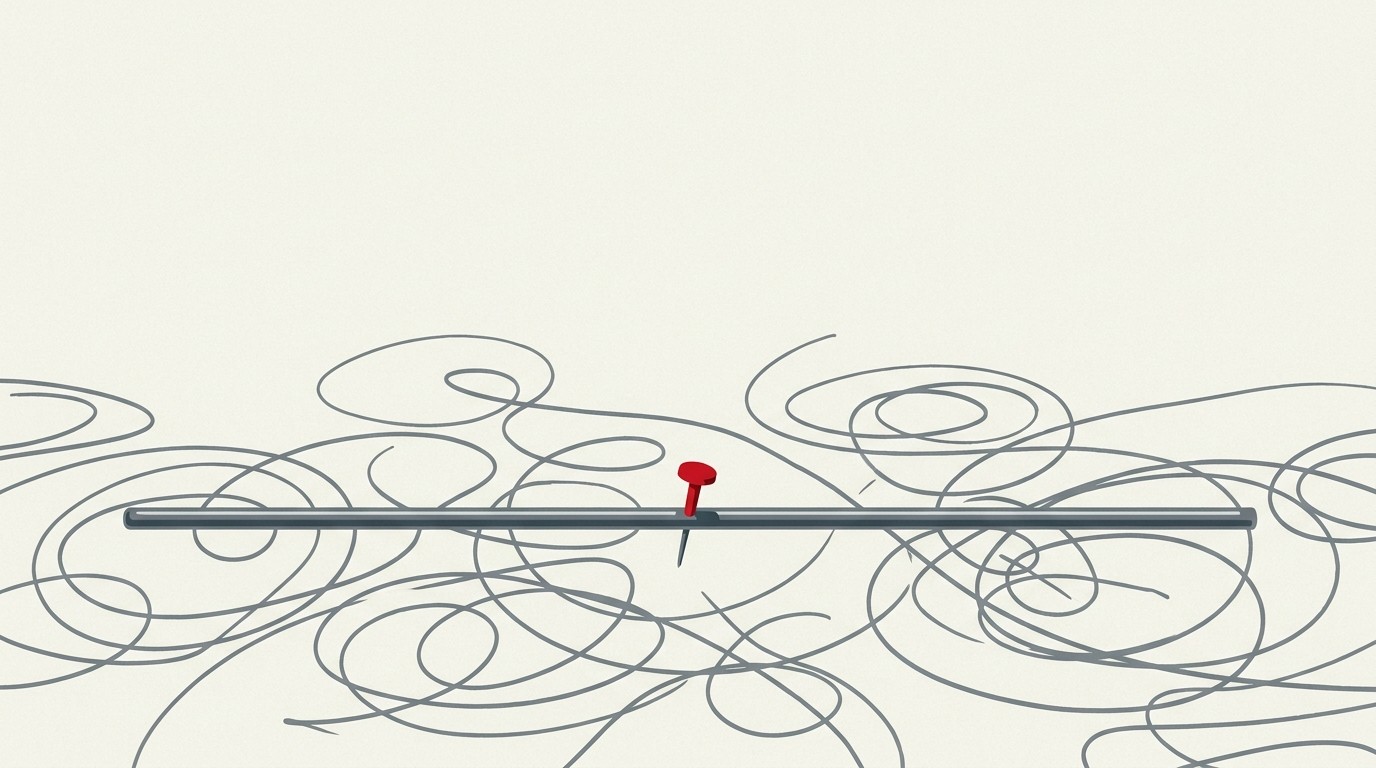 A single anchor holding a taut straight line against a field of loose, curving threads