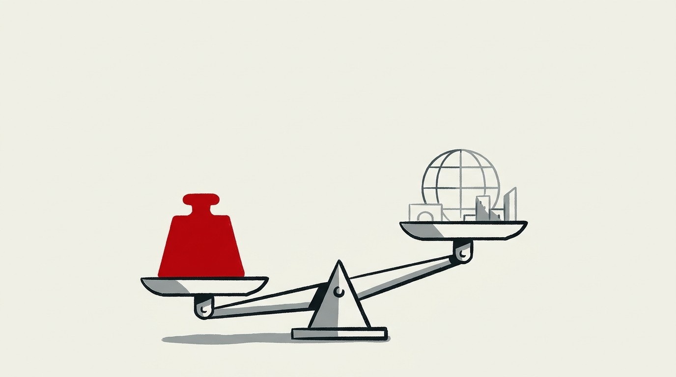 A single red arrow pointing downward below a cream horizon line, with empty negative space above