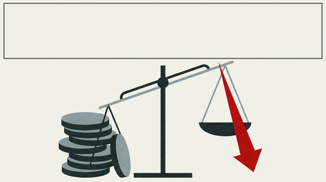 A single red arrow pointing downward beside a scale tipped away from a stack of coins, set against a cream background with empty space above