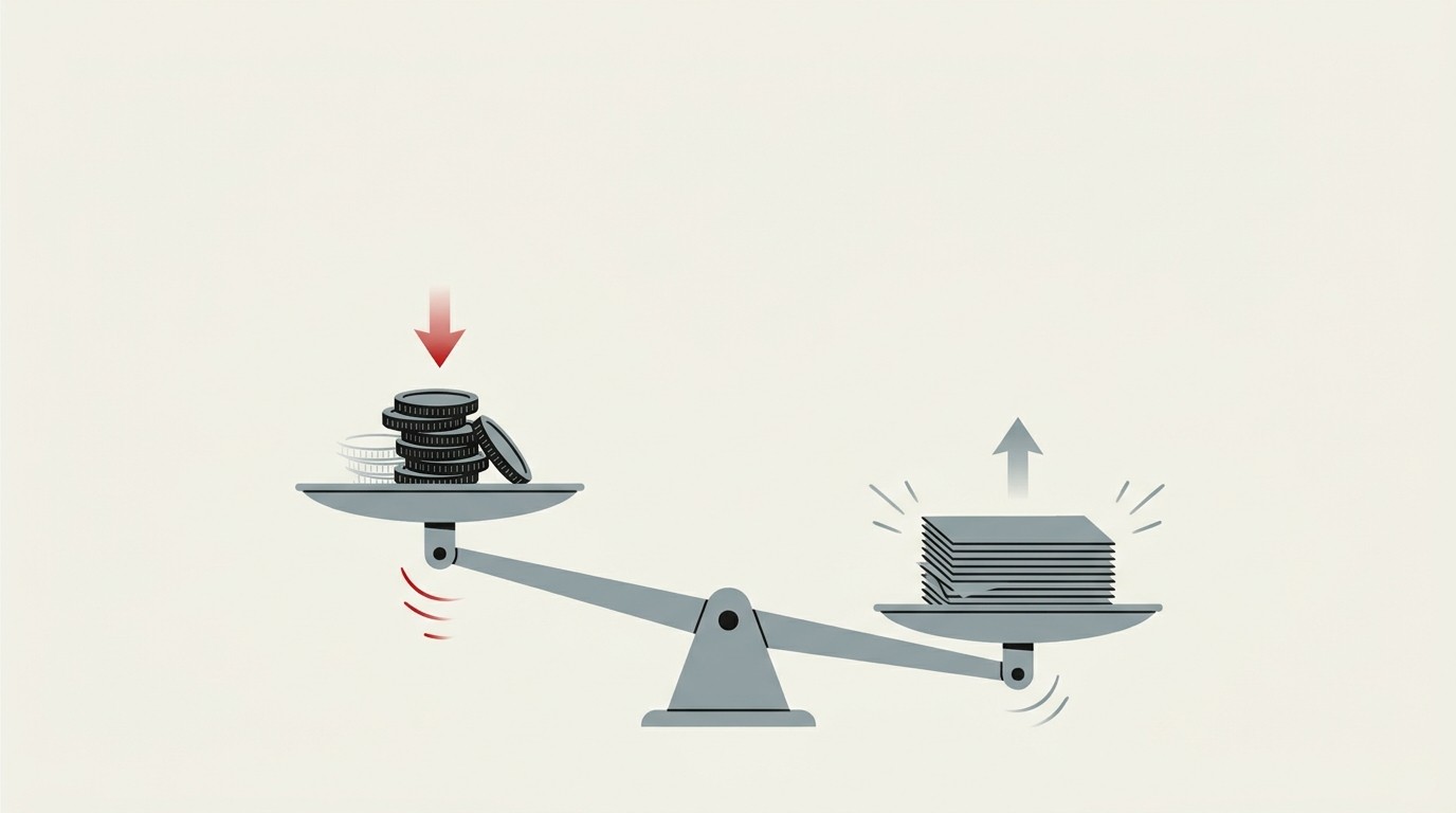 A weighing scale tipping away from a stack of coins toward a stack of paper receipts, cream background, one red accent on the receipts side