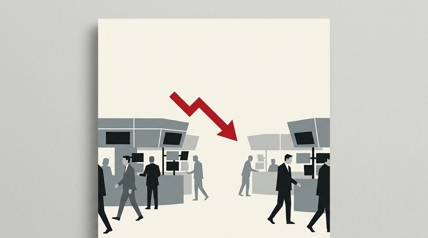 A single red arrow pointing down through a stack of cream trading tickets scattering into empty white space