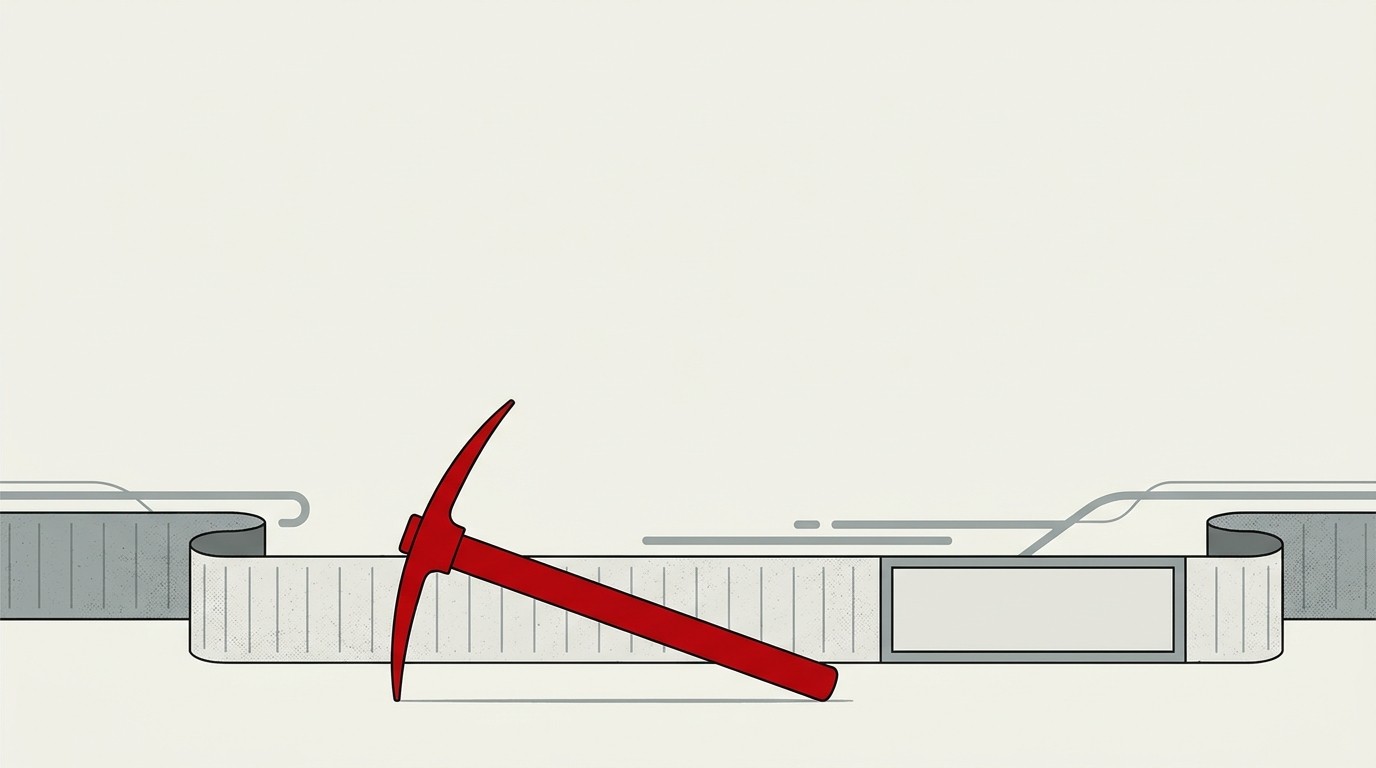 A small red pickaxe icon sitting alone on a cream stock ticker tape, mostly empty space above