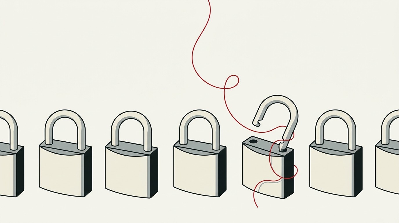 A single open padlock next to a stack of closed padlocks on a cream background, one red accent thread running through the open lock