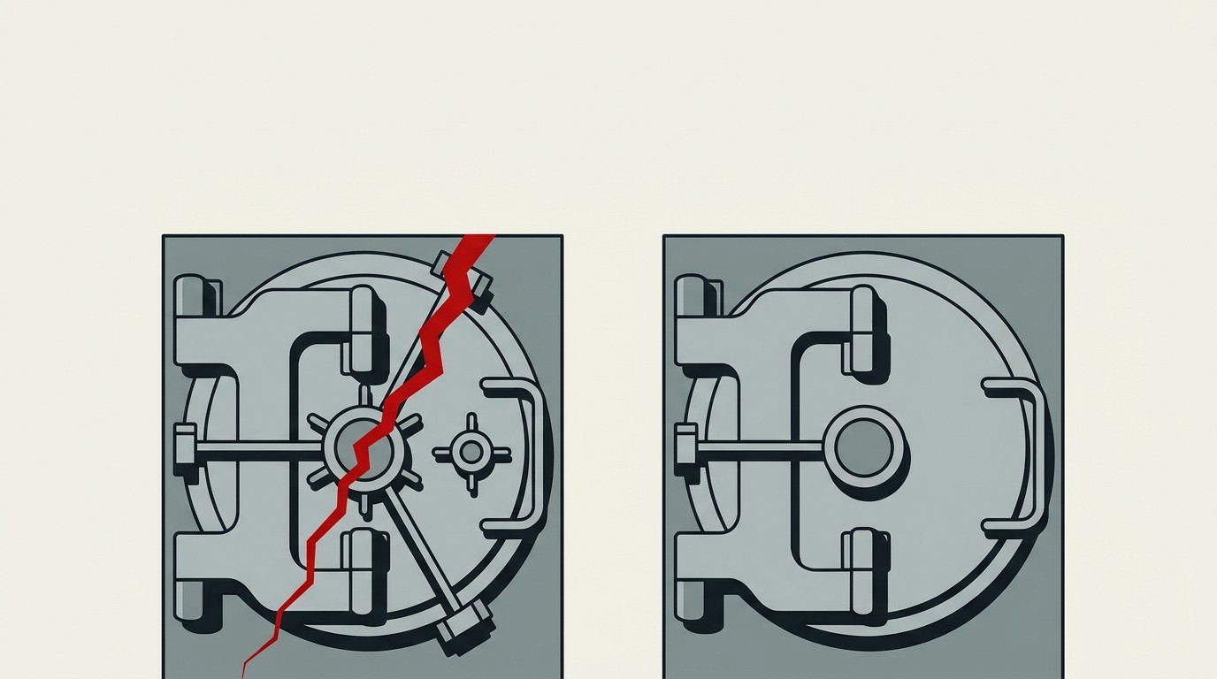 A cracked stone vault door on the left facing a smooth sealed institutional vault door on the right, cream background, one red crack accent
