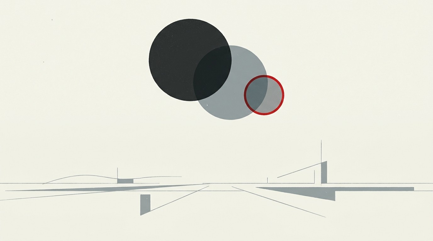 Three overlapping circles of different sizes on cream ground, one outlined in red, representing competing loss estimates that don't fully align