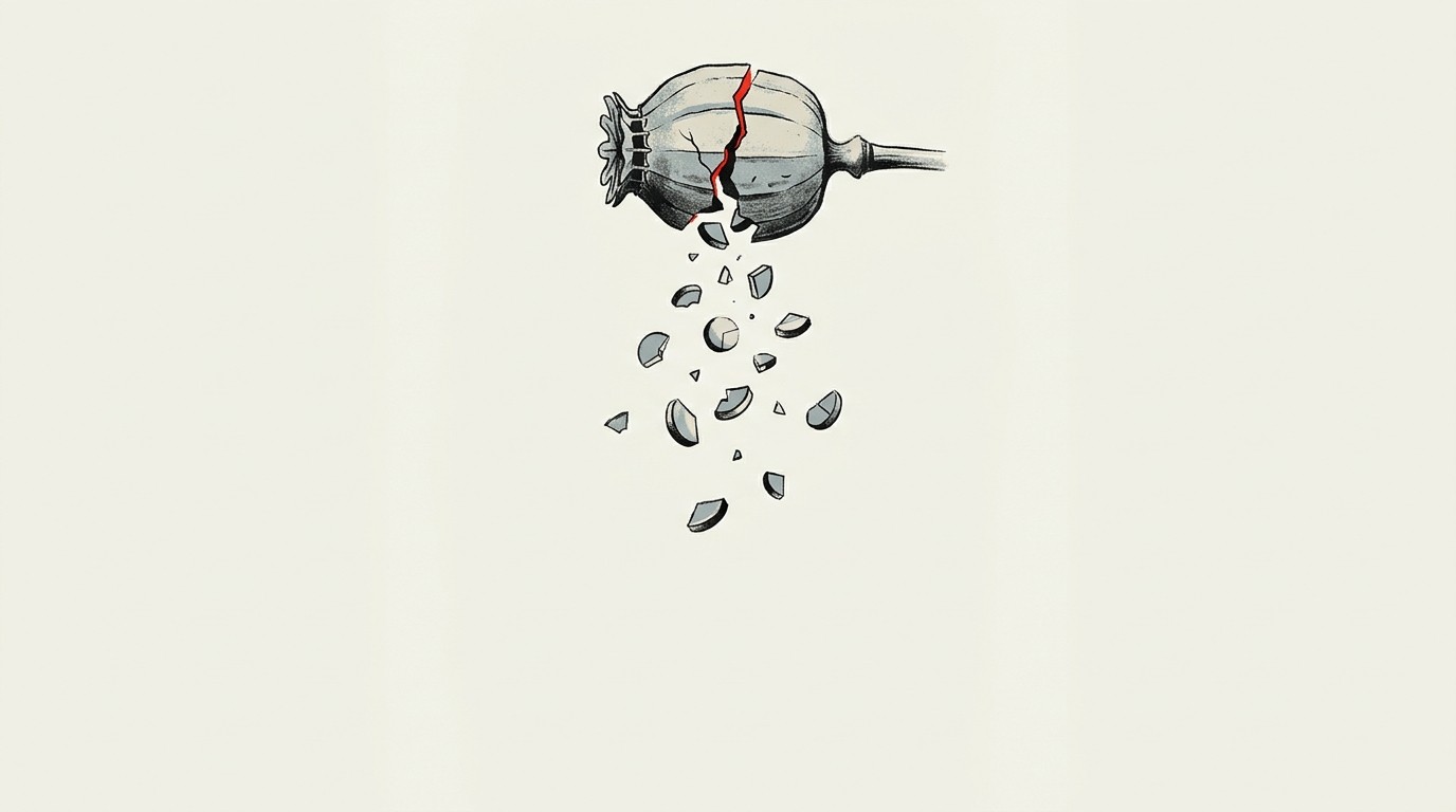 A cracked seed pod scattering coins into fragmented negative space, cream background, single red crack line