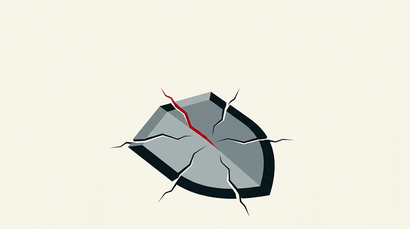 A cracked shield with six thin fracture lines radiating outward, one line glowing red, set against cream negative space above