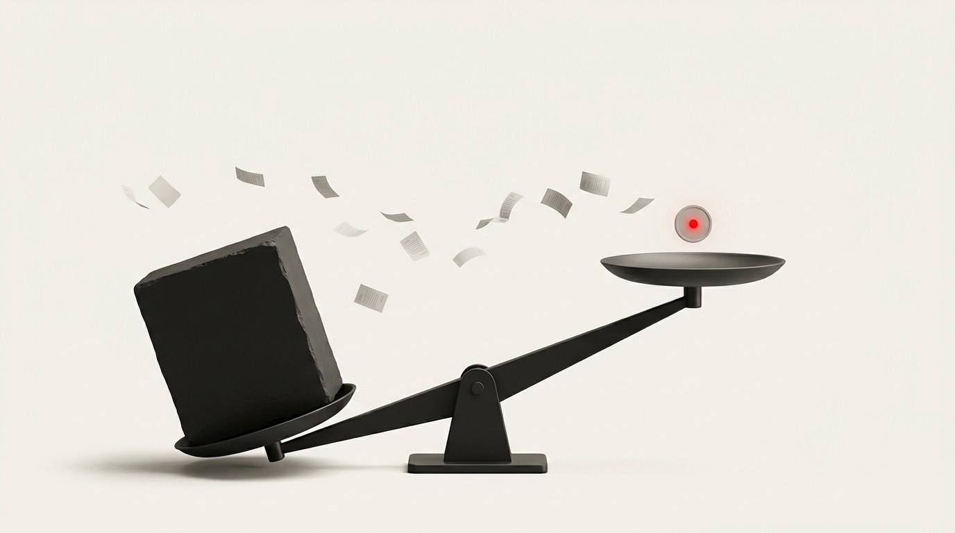 A seesaw scale tipped hard under a massive dark block, a single small red counter resting on the raised dish while papers scatter