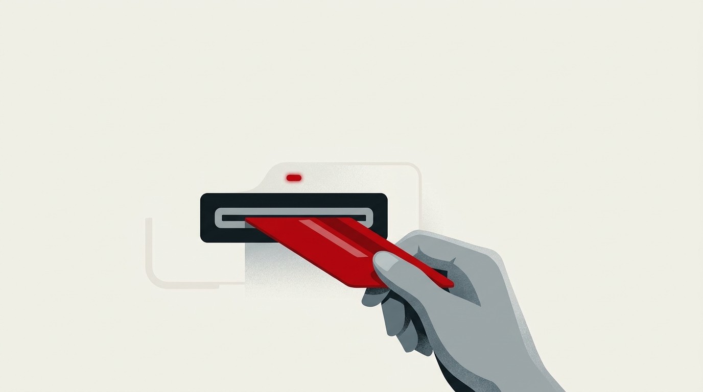A cream background with a single red debit card sliding into a slot shaped like a coin outline, negative space above