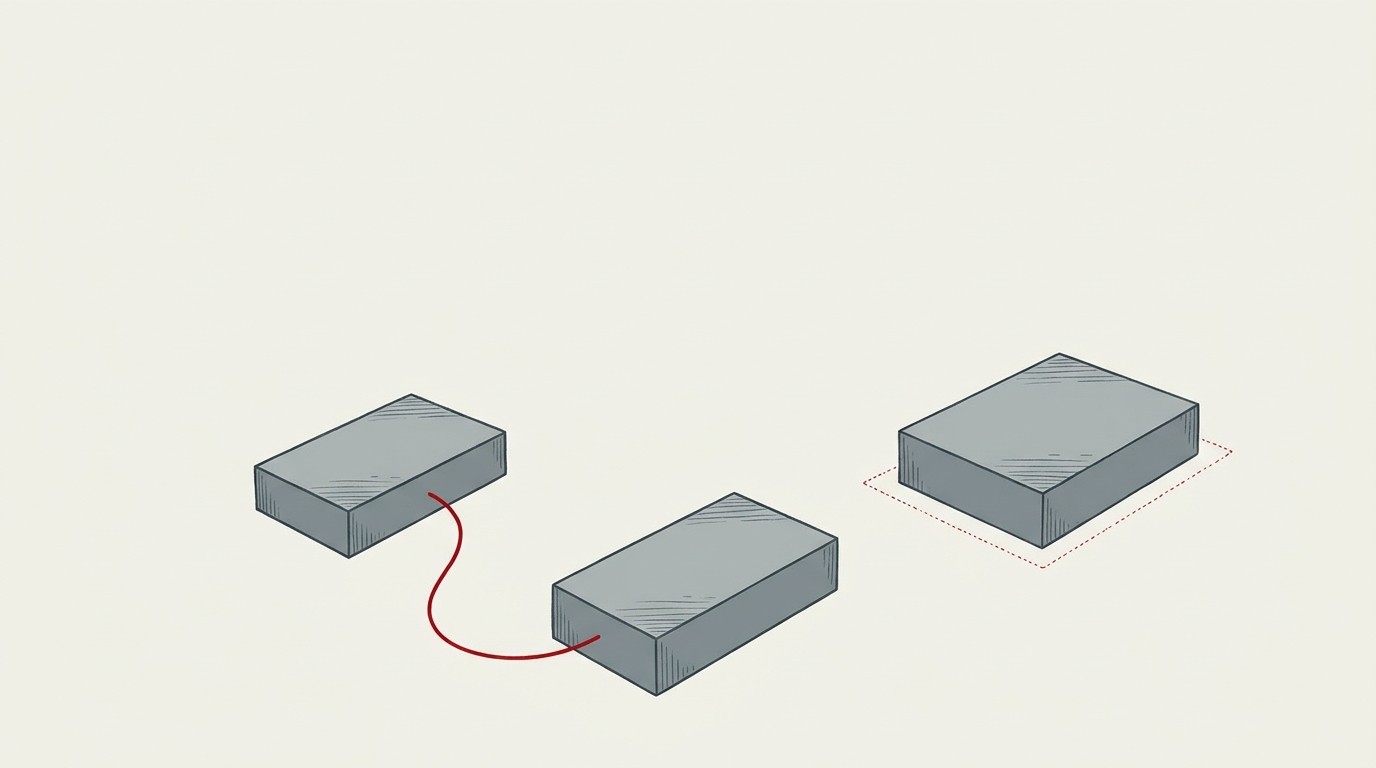 A single red thread stretched taut between two cream-colored blocks, about to snap, with wide empty space above