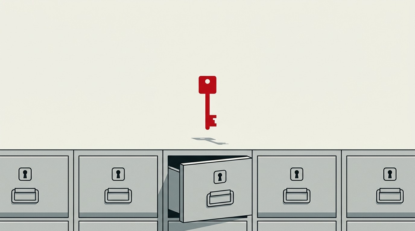A single red key hovering above a row of cream-colored filing cabinets, one drawer open