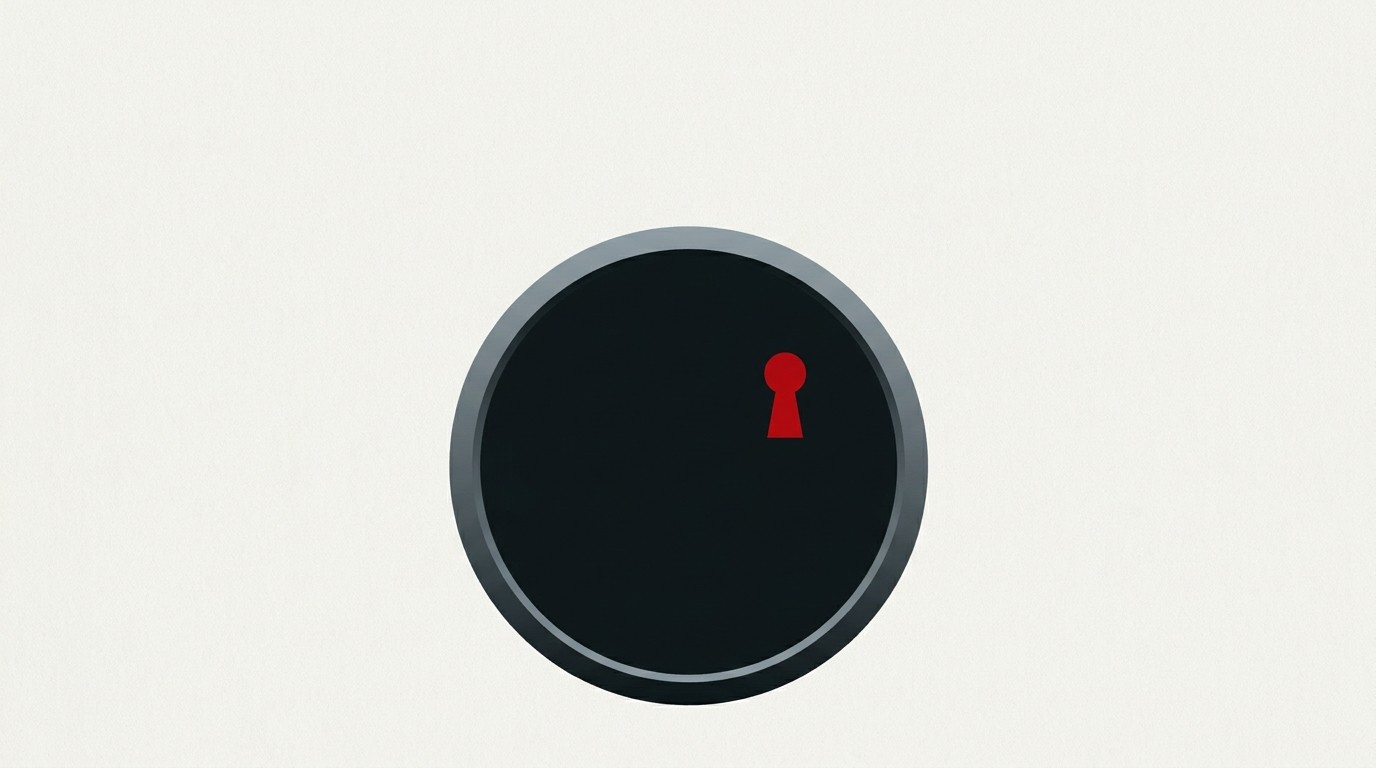 A vault door drawn as a cream circle with a single red keyhole, waiting to open, negative space above