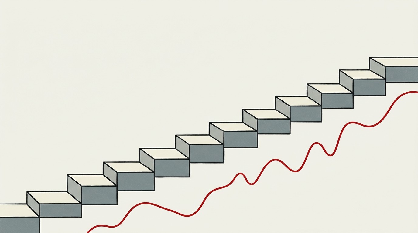A single upward arrow of cream blocks stacking steadily while a red line beneath it zigzags downward